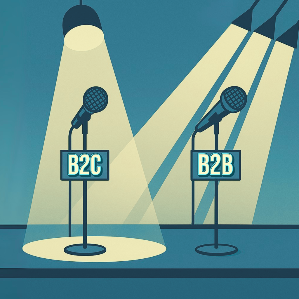 Image showing two microphones on stage to illustrate how to sell a tech product B2C and B2B.